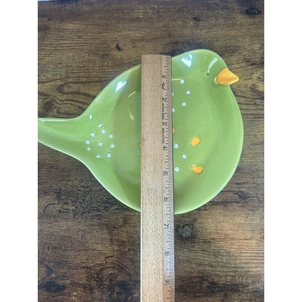 Pier 1 Imports Green Bird Ceramic Colander Trinket Dish Hand Painted Decor VTG